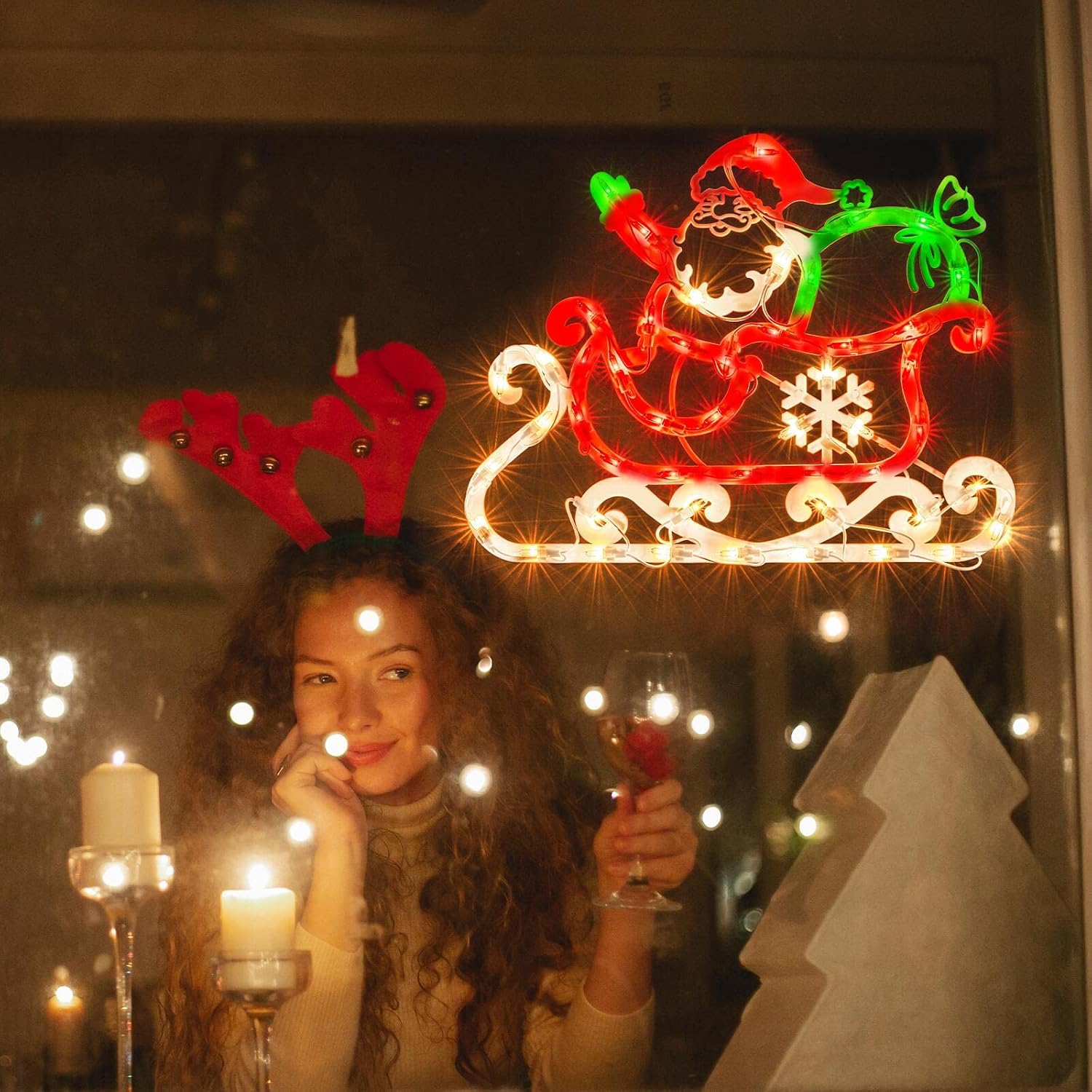 LAMPHOME Lighted Santa in Sleigh Christmas Window Silhouette Decoration - Christmas Lights for Home, Patio, Lawn, Garden