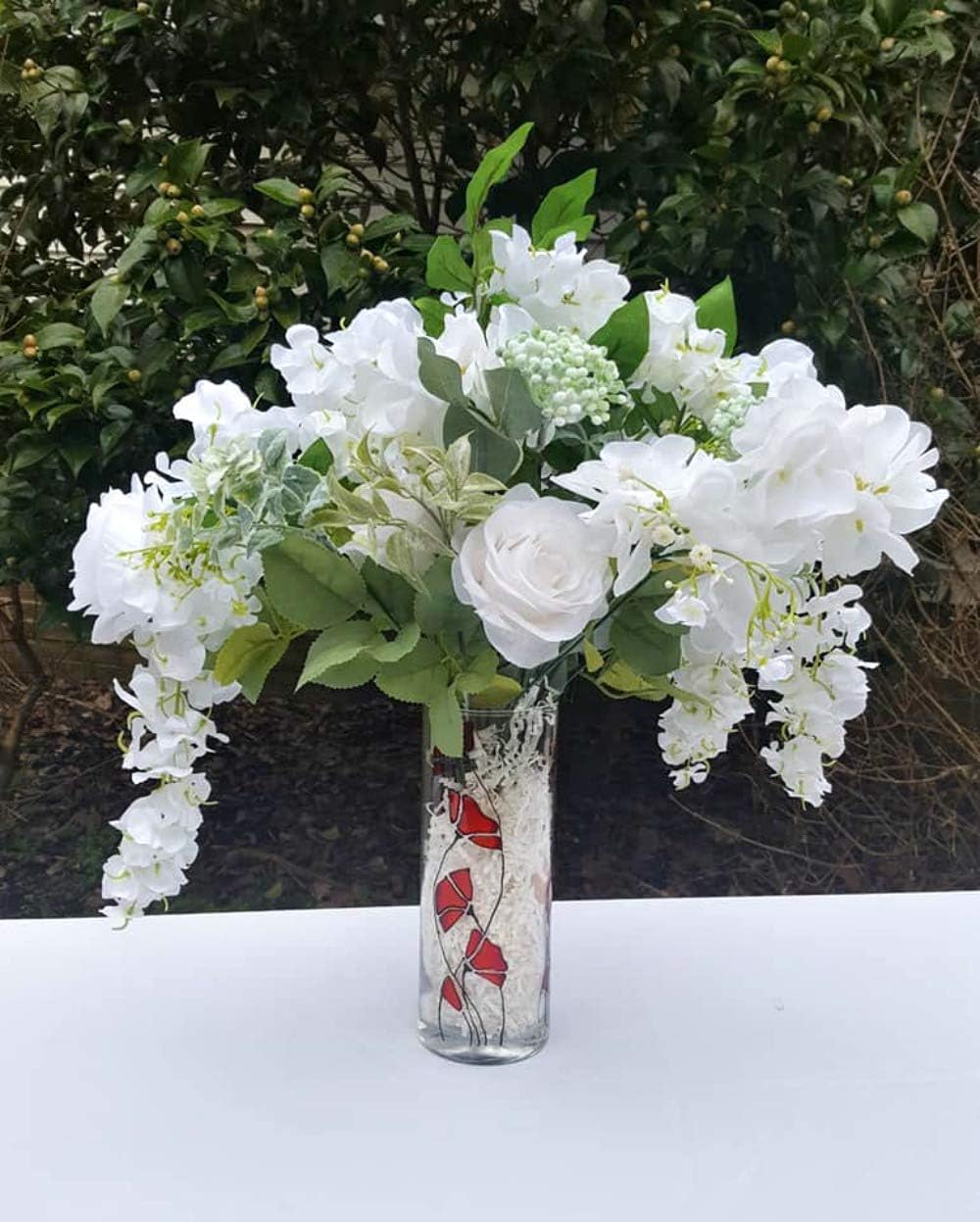 Red Poppy Flower Hand Painted Stained Glass 9 Inch Cylinder Vase Home Decor