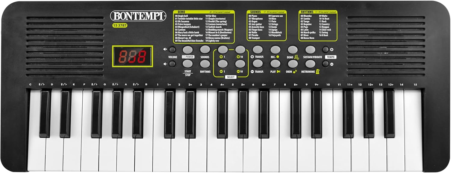 Bontempi | KeyRhythm Digital Keyboard with 37 Keys, 2 cm Pitch with Headphone Socket, Pentagram Strip, Metronome and Transposer, 21 x 7.8 x 2.75 inches