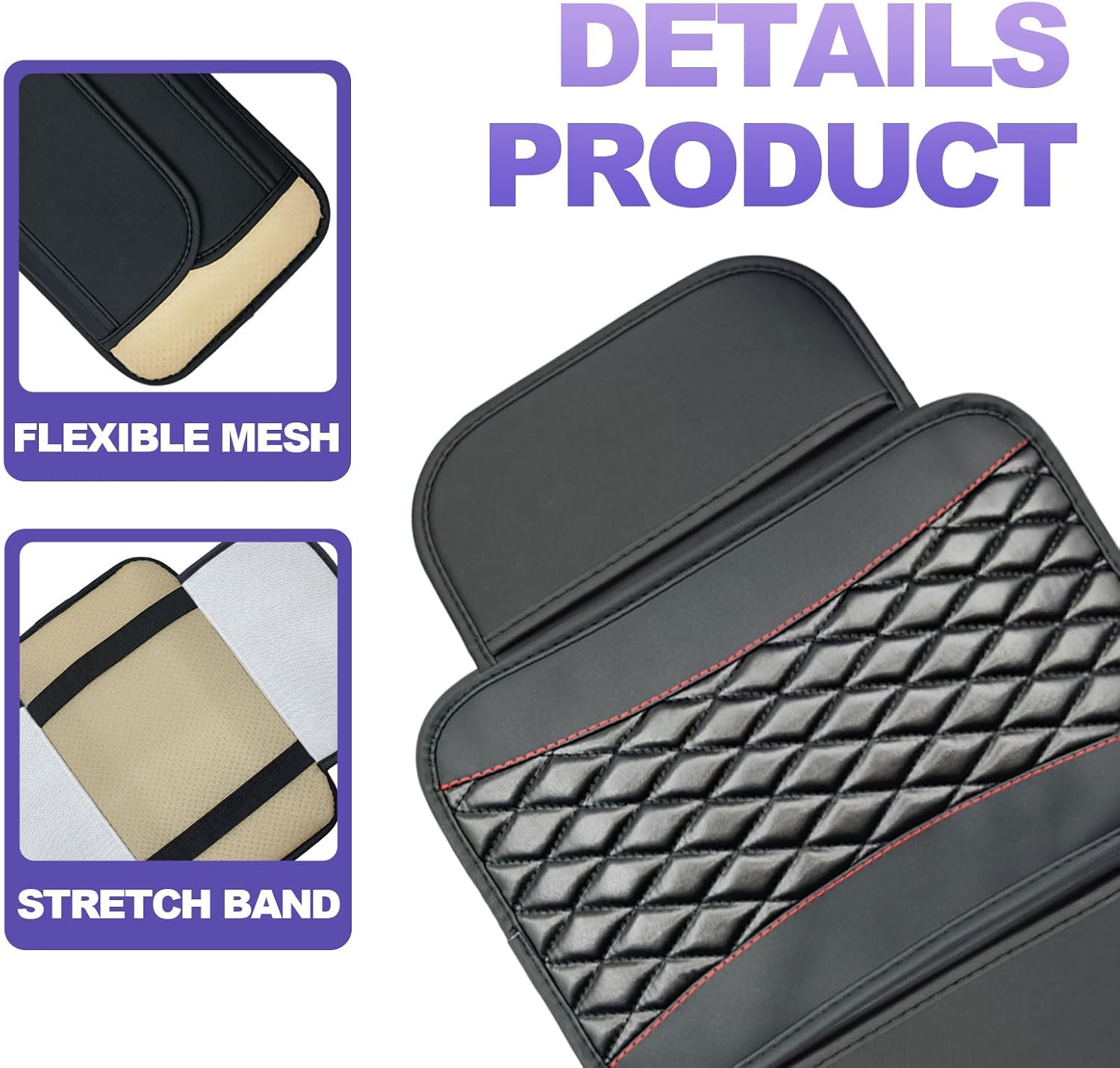 Car Leather Center Console Cover for Car with Side Storage Pockets Comfortable Car Decor Accessories Waterproof Armrest Pad Protector Fit for Most Cars, Vehicles, SUVs (Black）