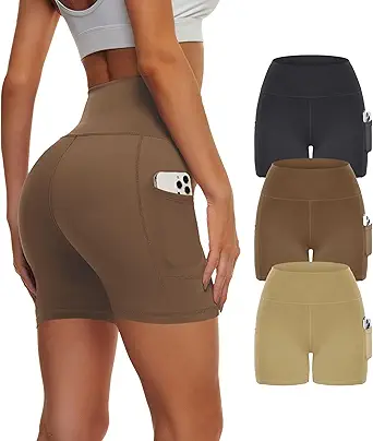 3 Pack Biker Yoga Shorts with Pockets for Women, High Waist Tummy Control Workout Running Gym