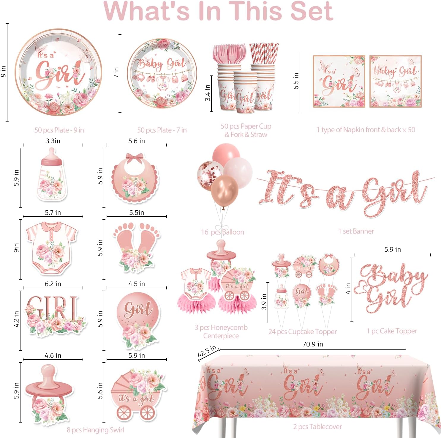 351Pcs Its a girl Baby Shower Decorations Tableware Set Severs 50, Girl Baby Shower Decorations Include Banner, Balloons, Tablecloth, Plates, Cups, Table Decorations