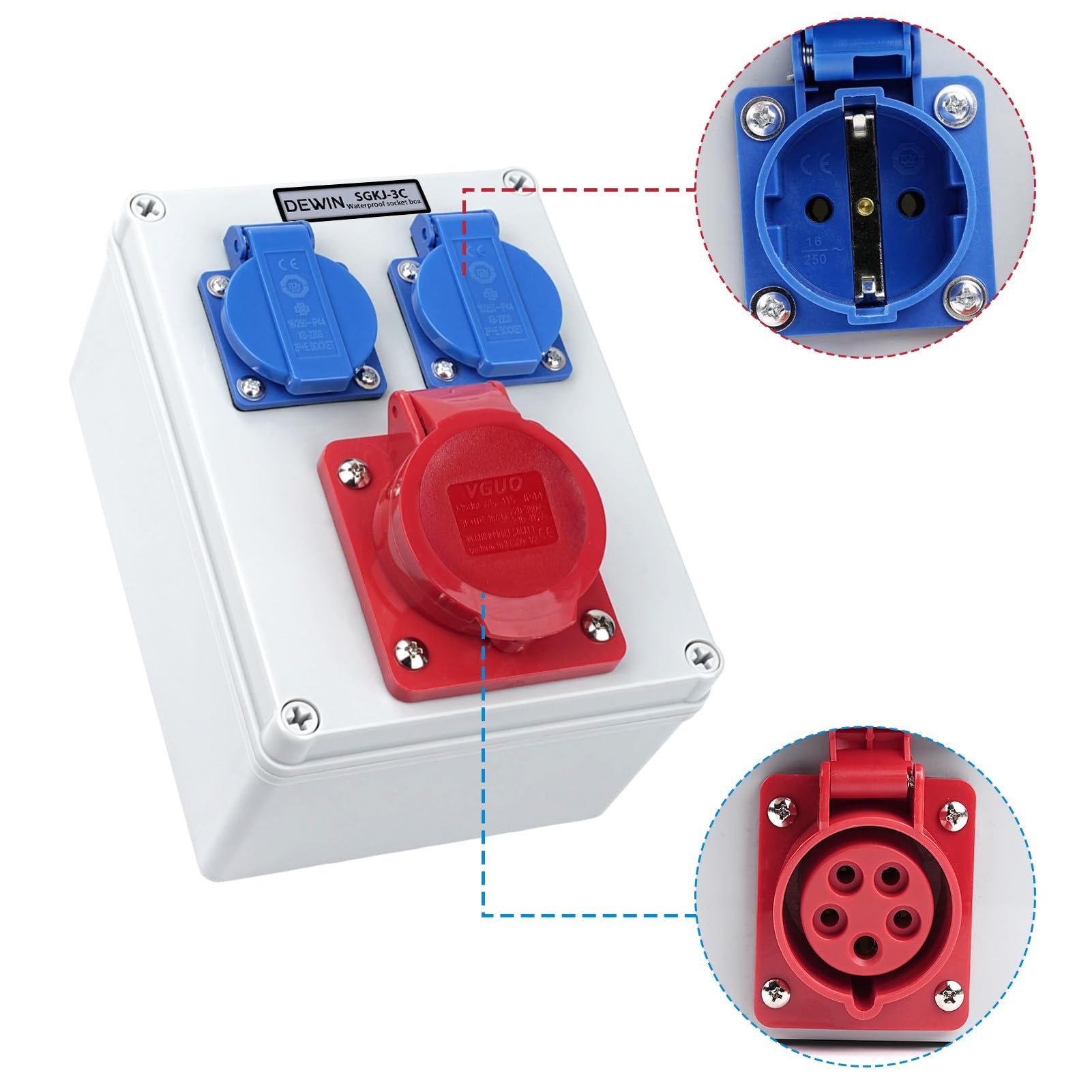 DEWIN Stromverteiler, Wandverteiler Steckdose Stromverteilerkasten 1 x 16A 5P CEE-Steckdose + 2x 230V Außenbereich Baustellenstromverteiler