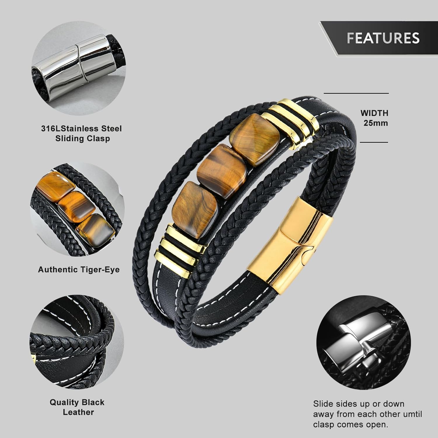 STARCHENIE Multi Strand Bracelet for Men Square Authentic Tiger Eye Black Braided Leather Mens Bracelet and Stainless Steel Buckle - Image 6