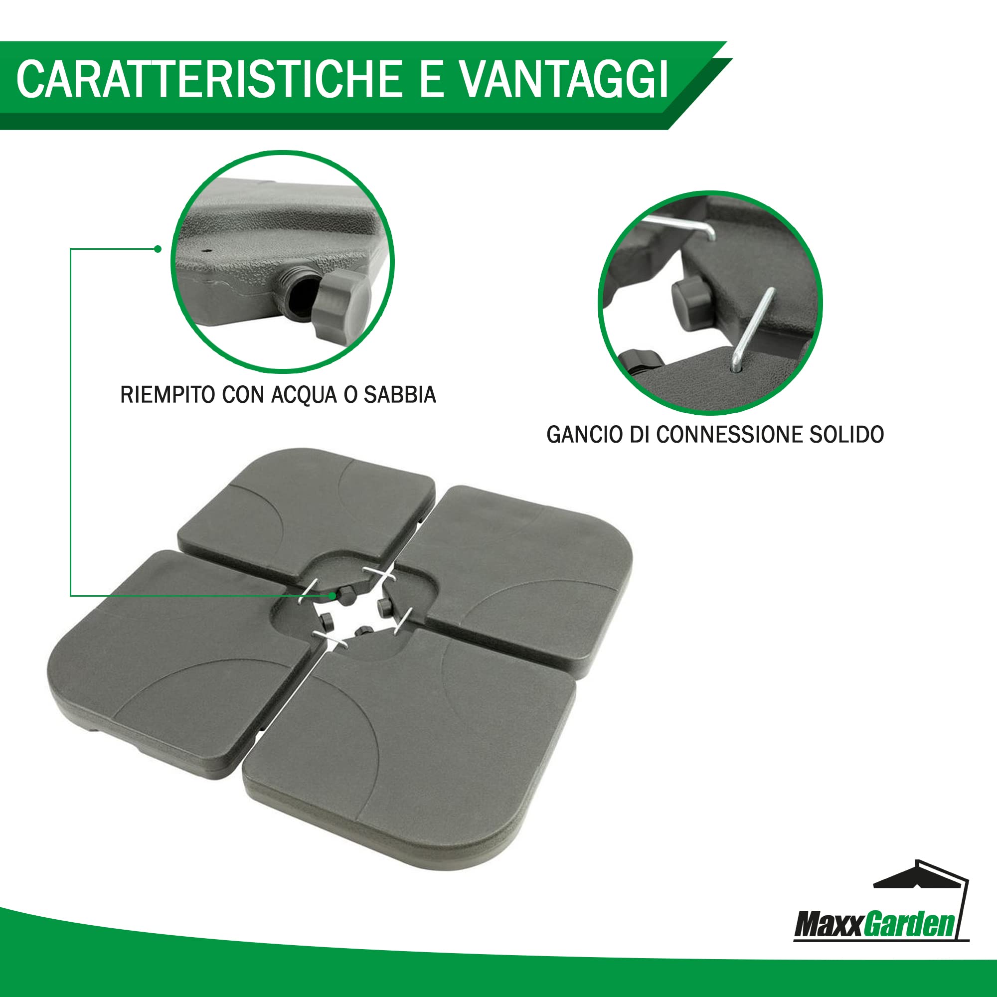 MaxxGarden Supporto per Ombrellone - Set di 4 Pesi per Supporti per Ombrellone, 50 x 50 x 7,5 cm, da Riempire con Acqua o Sabbia, Fino a 100 kg