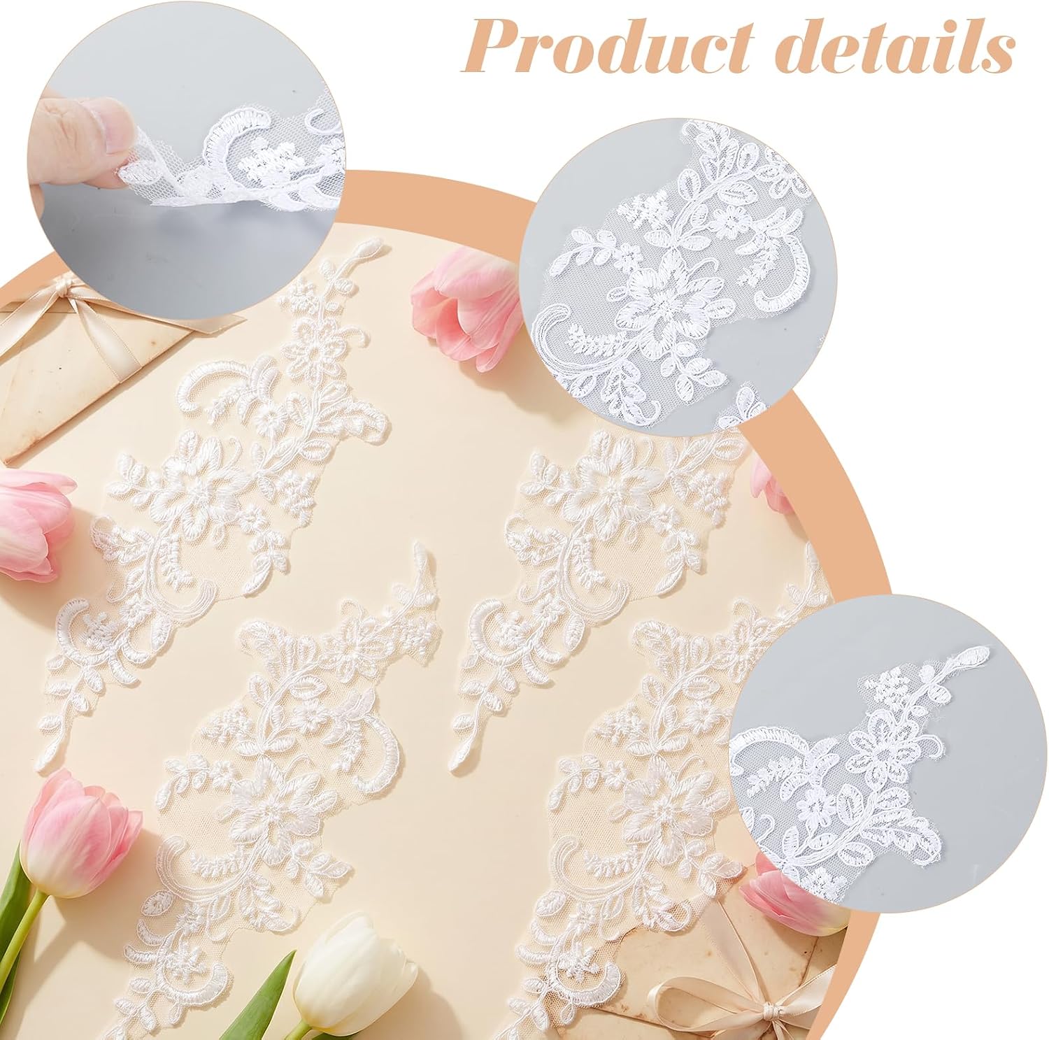 4 Pcs White Lace Appliques Embellishments, 27 X 14 CM 3D Embroidered Floral Applique Fabric Patches for Wedding Bridal Dress,Veil,Hat,Bag Decoration