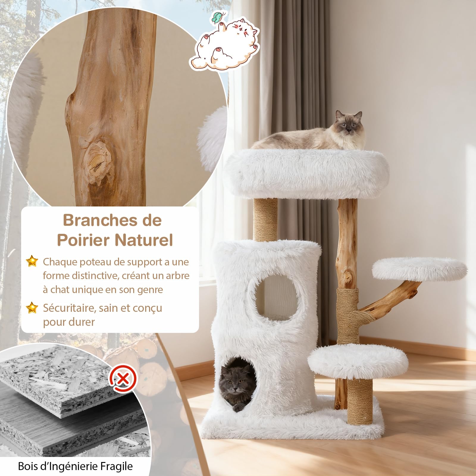 COSTWAY Arbre a Chat Bois de Poirier 93 cm, Condo à 2 Niveaux, 3 Poteaux à Griffer en Jute, 4 Plateformes, Arbre à Chat Maine Coon, Base Épaisse à 2 Couches, Cushion Amovible (93 cm,Blanc+Naturel)