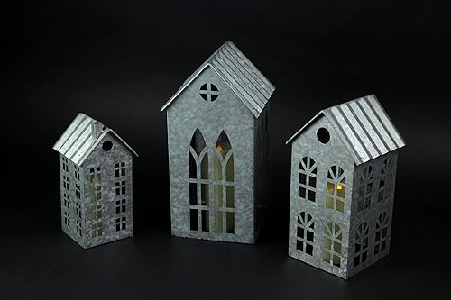 Miniatura 7 de Juego de 3 portavelas votivos de gran tamaño con forma de casa de campo de Navidad galvanizado de metal gris galvanizado - Perfecto para decoración