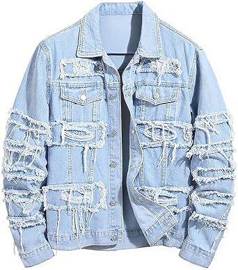 Mens Distressed Ripped Denim Jacket Y2K Vintage street Style Coat Long Sleeve Slim Fit Casual Outerwear Trucker Jackets