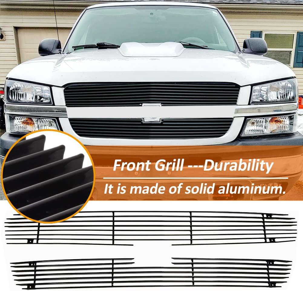 Black Powder Coated Grill for 2003-05 Silverado 1500/03-04 2500/03-2006 Avalanche Billet Grille Insert(Black Aluminum 2pcs)