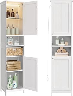 VASAGLE Tall Bathroom Cabinet with Lights, Slim Freestanding Bathroom St...