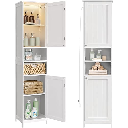 VASAGLE Tall Bathroom Cabinet with Lights, Slim Freestanding Bathroom Storage Cabinet with Adjustable Shelves, for Small Spaces, Modern, 15.7 Inches Wide, Cloud White UBBC766W02