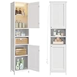 VASAGLE Tall Bathroom Cabinet with Lights, Slim Freestanding Bathroom Storage Cabinet with Adjustable Shelves, for Small Spaces, Modern, 15.7 Inches Wide, Cloud White UBBC766W02