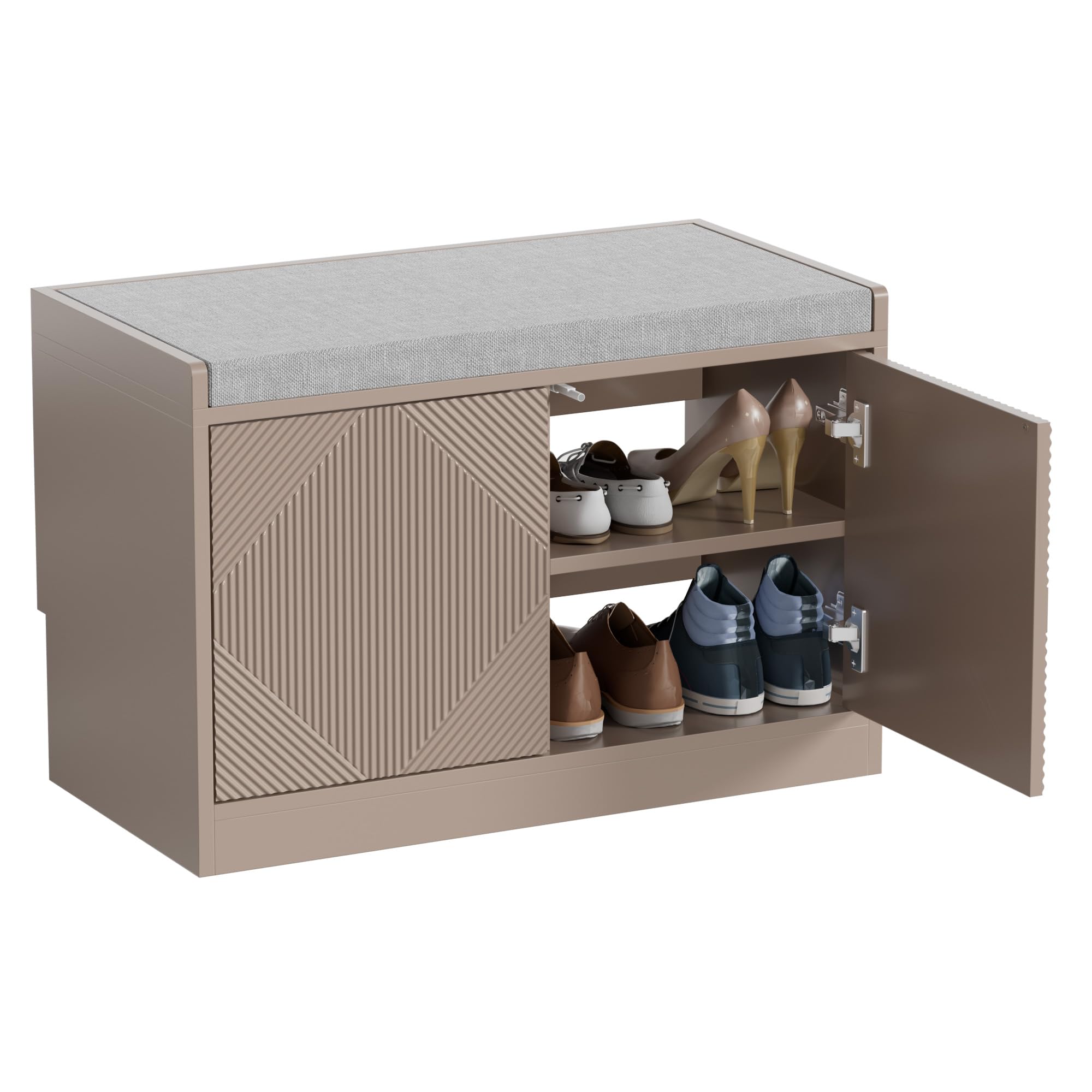 UEV Banco Zapatero de 2 Puertas con Diseño Tallado, Banco de Almacenamiento con Estante Interior, Ideal para Recibidor y Dormitorio, 70x37x46,5 cm, Beige Moca