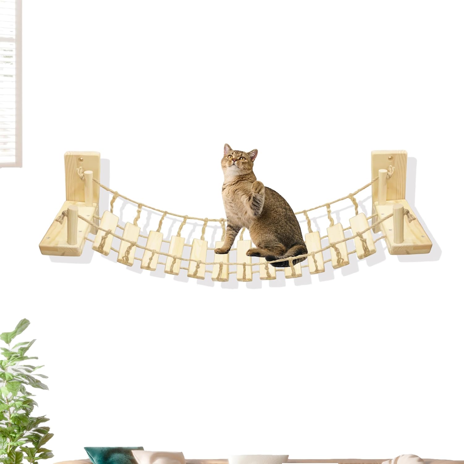 Cat Wall Shelves, Climbing, Wooden Furniture, Cat Shelves and Perches for Wall, Cat Bridge Long for Indoor Cats, Wall Mounted, Playing and Lounging (Length 55in)