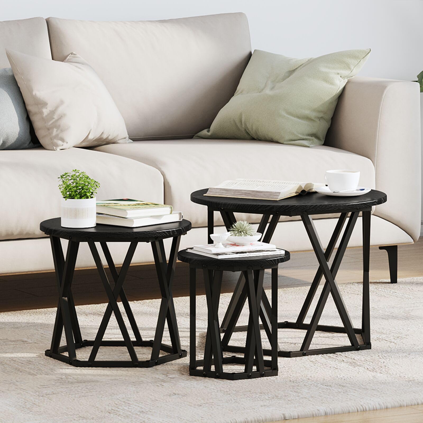 SXZenSpace 868255 Nesting Side Tables 3 pcs Black Oak Engineered Wood Table - Modern Nightstand End for Home Bedroom Living Room Easy Assembly Hallway Coffee
