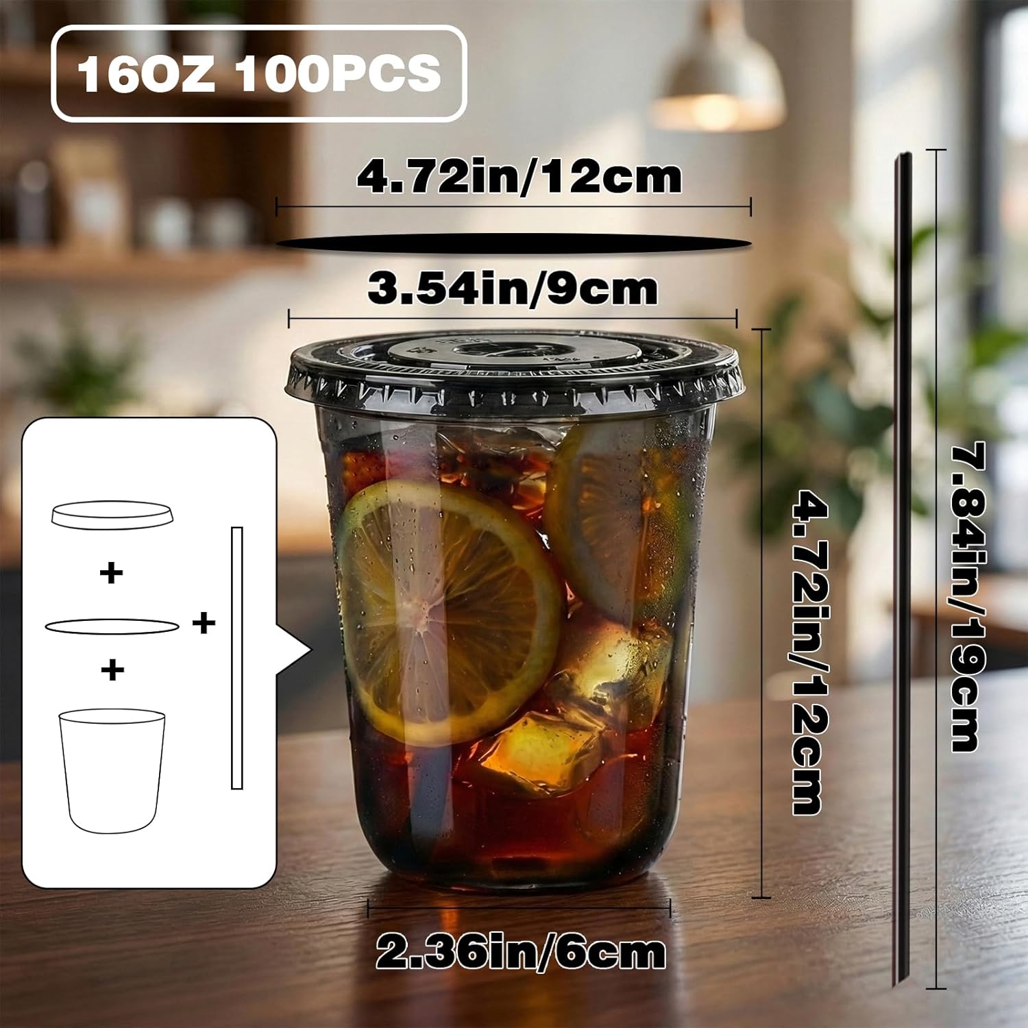 18oz Disposable Stemless Glasses with Flat Lids and Straws,PET Disposable Drinking Cups,Clear Plastic Wine Glasses for Parties Birthday,Wedding,Meeting,Christmas Party Supplies. (100, Black)