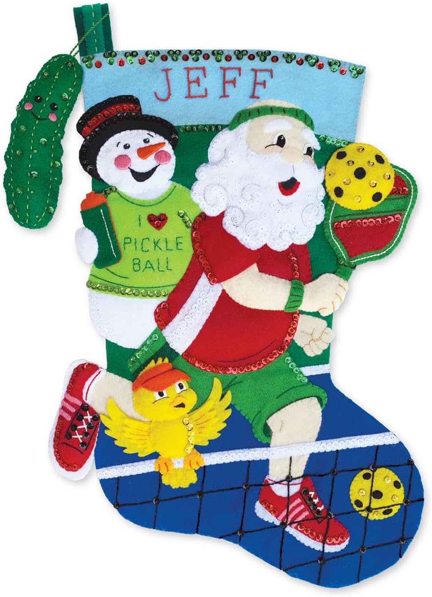 MerryStockings Pickleball Santa Felt Appliqué Christmas Stocking Kit – DIY Christmas Craft Kit with Santa Playing Pickleball, Snowman, Bird & Pickle Paddle – Exclusive from