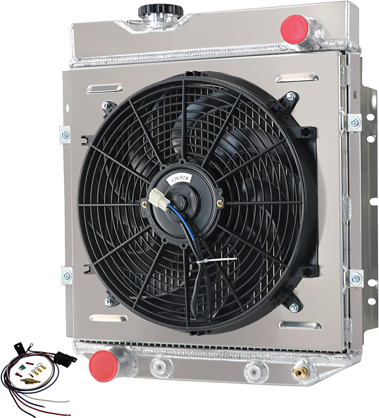 4 Row Core Radiator For for 1960-1966 65 Ford Mustang Falcon Ranchero Comet, 61-65 Mercury Comet L6 V8, 61 62 63 64 All Aluminum Radiators Shroud Fan Thermostat Relay Kit