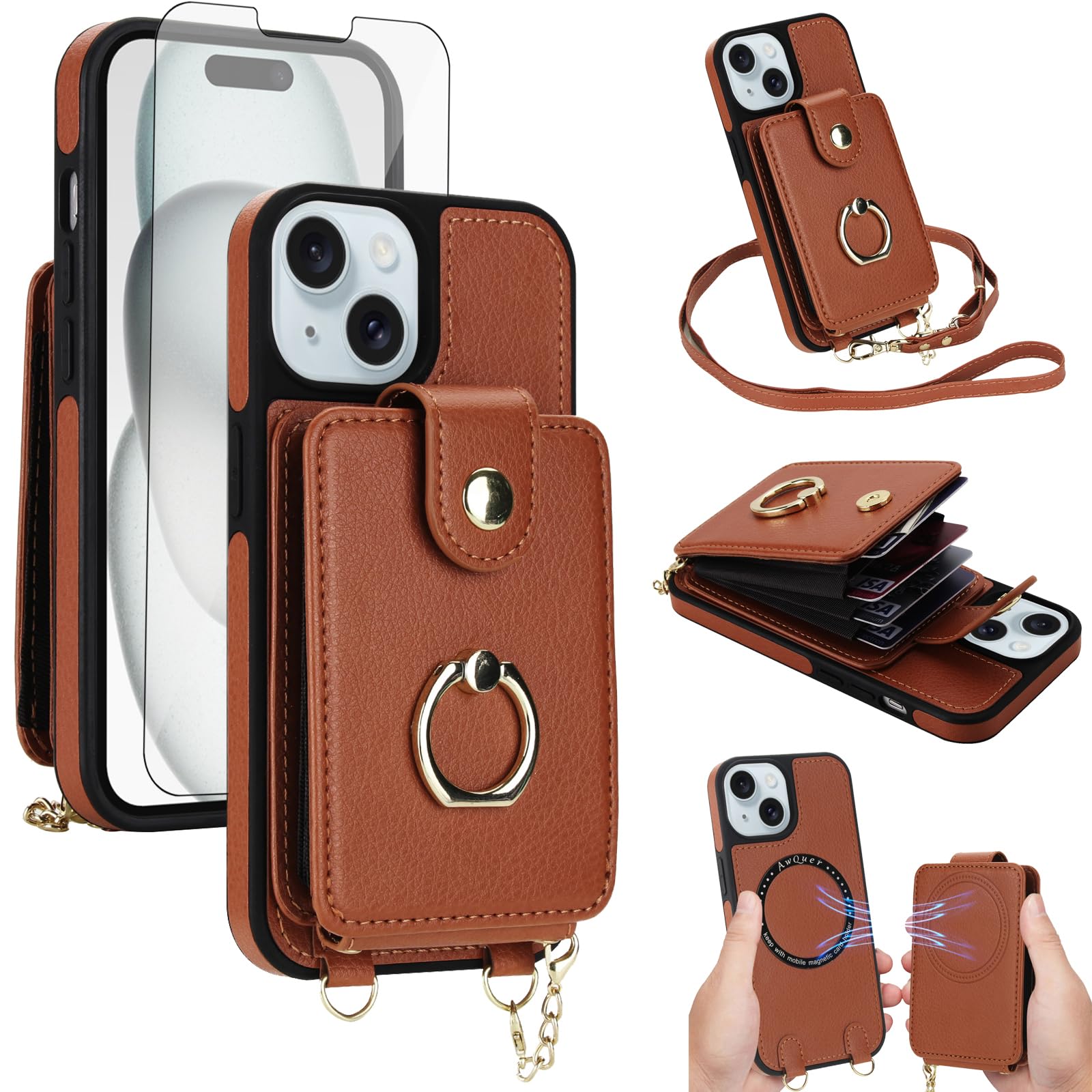 Custodia a portafoglio per iPhone 13/14 da 6,1 pollici, protezione dello schermo rimovibile, con anello, cavalletto a tracolla, compatibile con MagSafe RFID Blocking iPhone13 iPhone14, per donne e