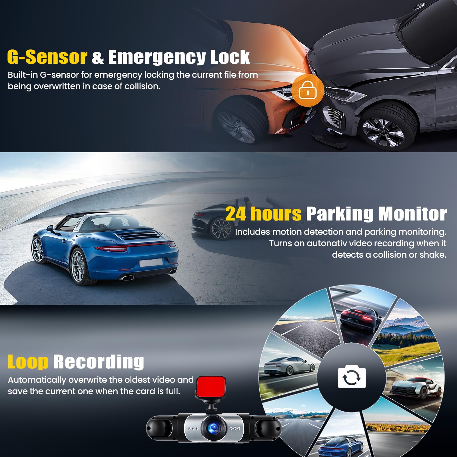 360° 4 Canaux Dashcam Voiture Avant Arriere, 3-Pouces Caméra Embarquée Voiture avec Vision Nocturne 8 IR, Vidéo en Boucle, Aide au Stationnement