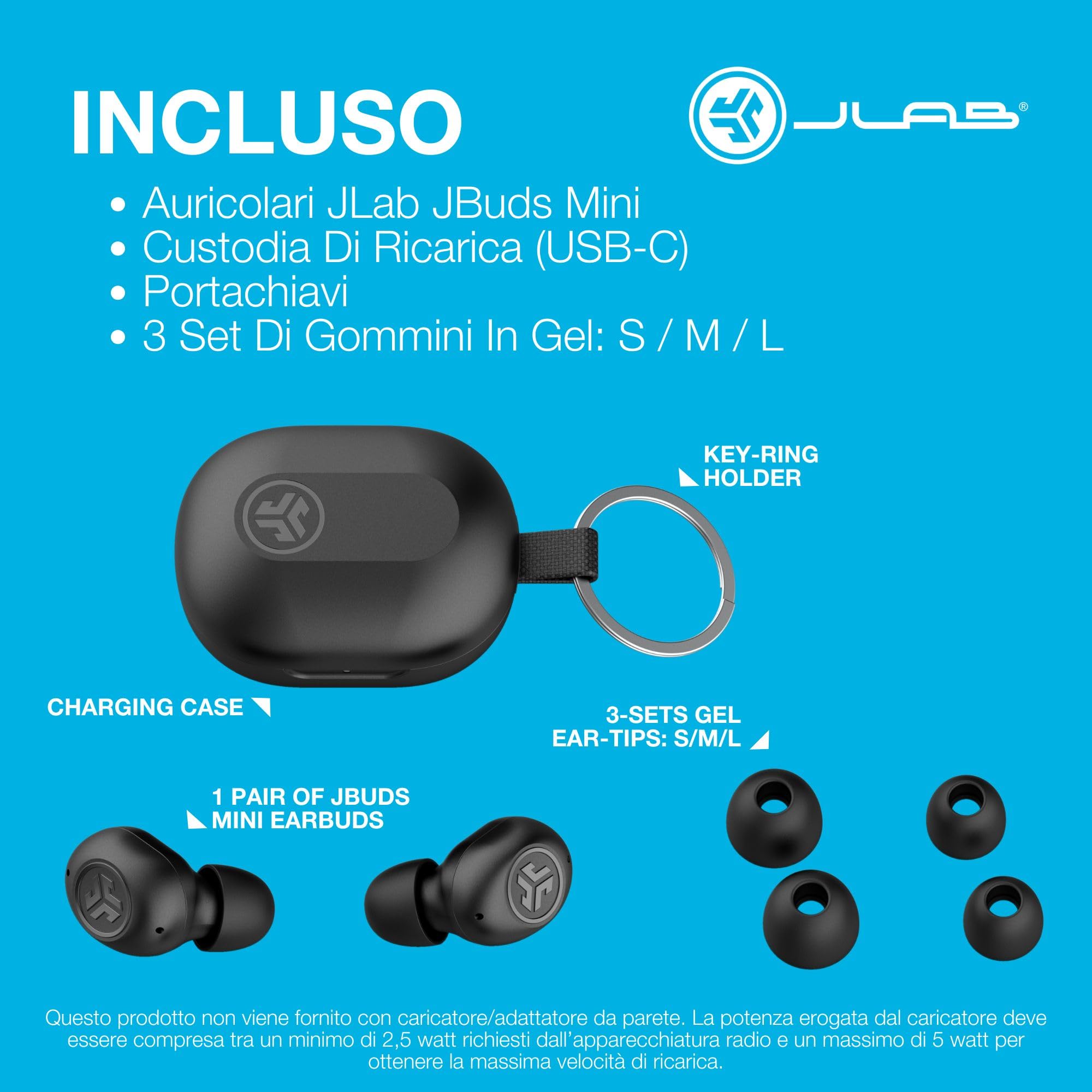 JLab JBuds Mini Cuffie Bluetooth In Ear - 20H+ Autonomia, Nero | Auricolari Senza Fili, IPX4 True Wireless Earbuds con Suono Personalizzabile EQ3, Custodia Ricarica