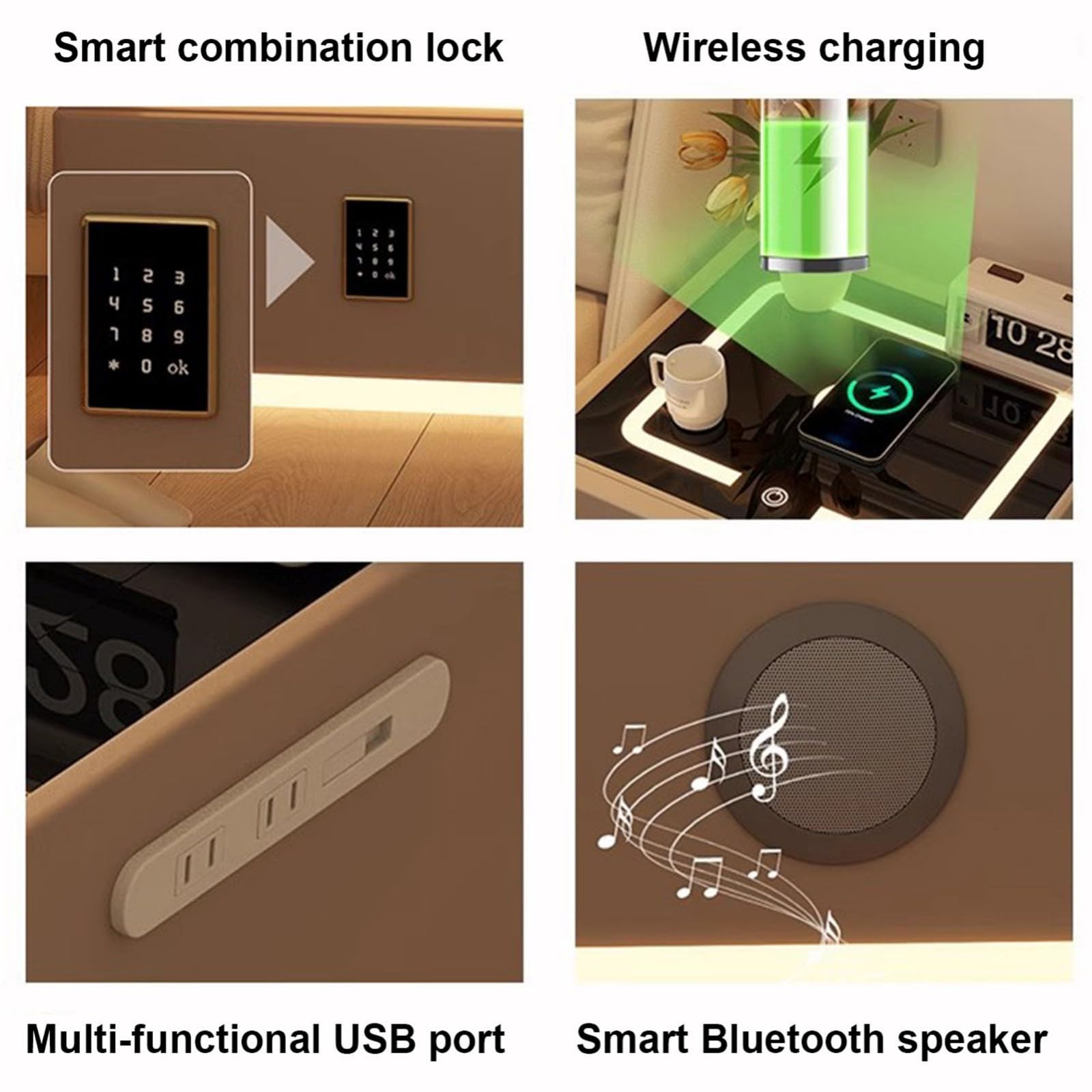 Stolik nocny z bezprzewodowym ładowaniem USB, lampa dotykowa, głośnik Bluetooth, blokada hasła, konstrukcja z litego drewna, konstrukcja zapobiegająca przewróceniu się do sypialni