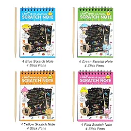 POKONBOY 16 Pack Scratch Arts and Crafts Notebooks, Scratch Note Pads for Kids Rainbow Party Favors Coloring Books for Kids Art Party Supplies Stocking Stuffers16 Wooden Stylus & 4 Drawing Stencils