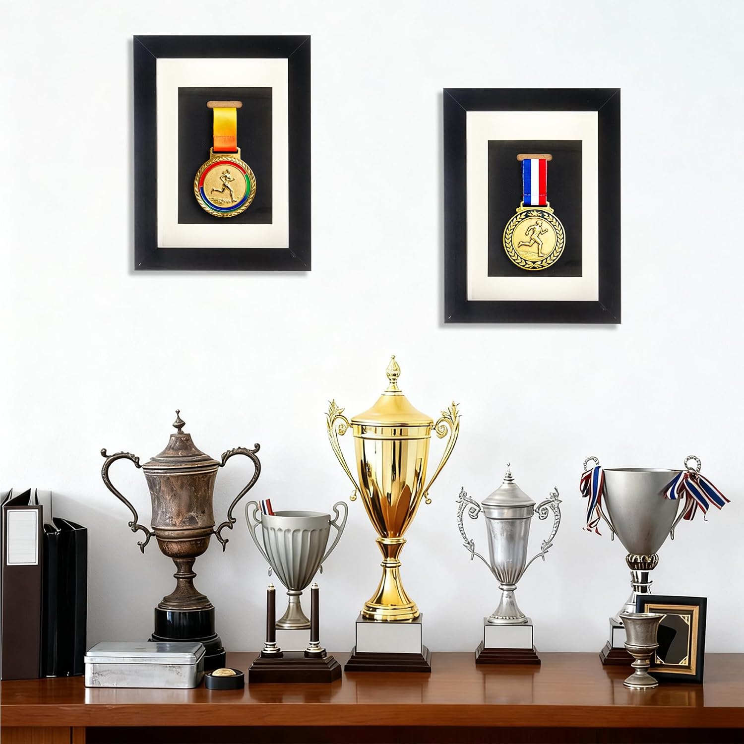 Klmnop 2 Pack Wood Medal Display Case, 6x8 Inch Single Medal Frame Display Shadow Box for Marathon Military Swimming Football Sports Awards and Decorative Badge Stand Box(Black)
