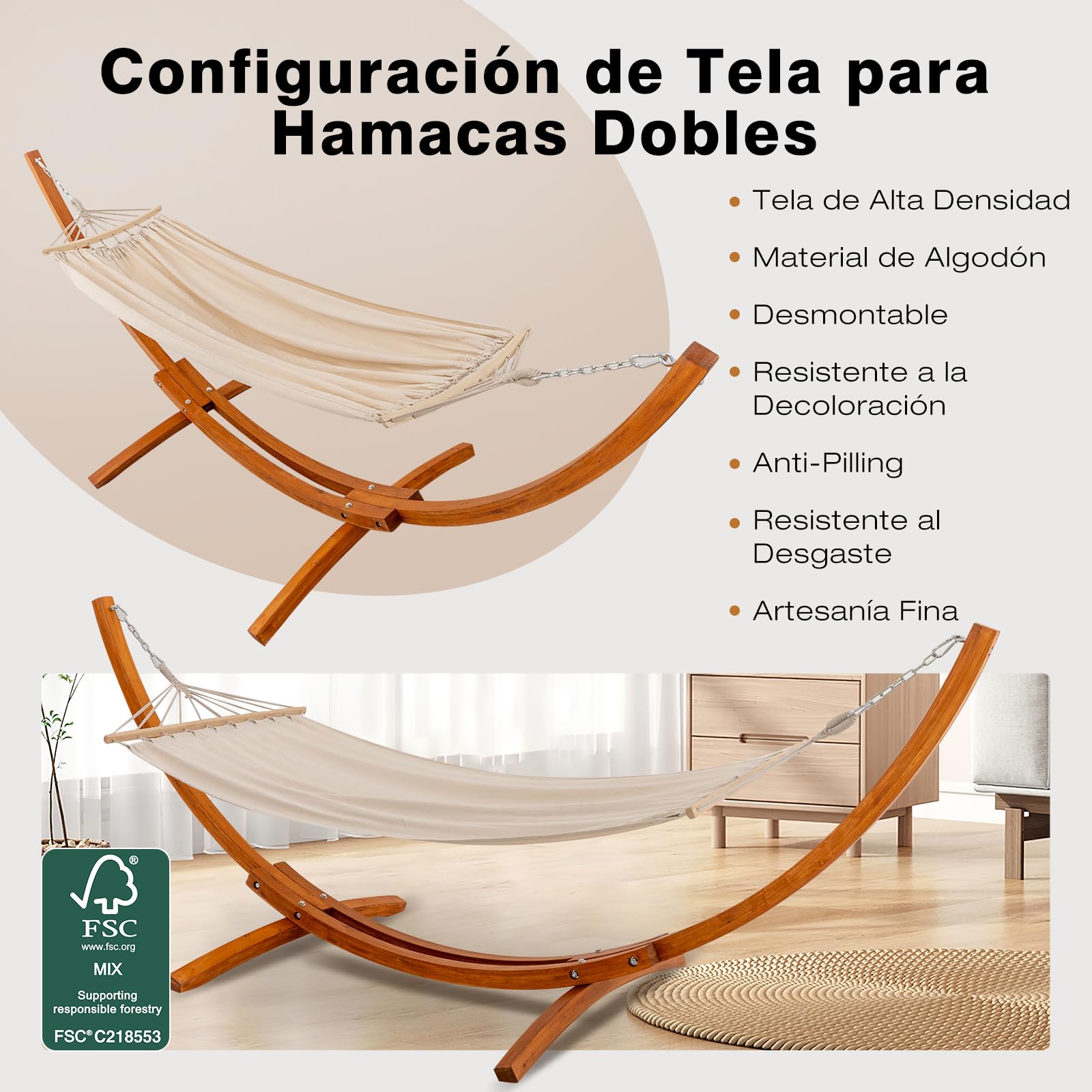 Hamaca con Soporte de Madera, Incluye 2 Hamacas, Carga 200 kg, 320x120x120 cm, Estructura Arqueada Estable de Madera, Altura Ajustable, para Jardín, Terraza y Balcón