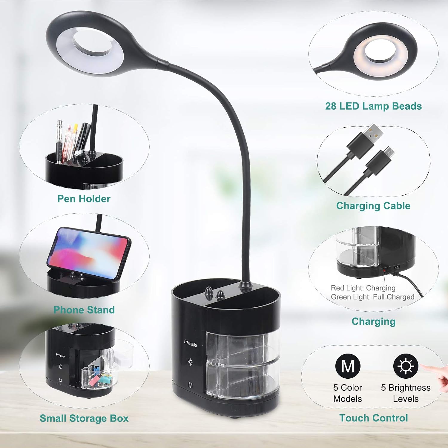 deaunbr LED Reading Light, Desk Lamp 28 LEDs USB Rechargeable Book Lamps Flexible Table Lights 5 Light Color Modes & 5 Brightness with Phone Stand, Pen Holder for Kids, Office, Home, Dorm, Bedroom