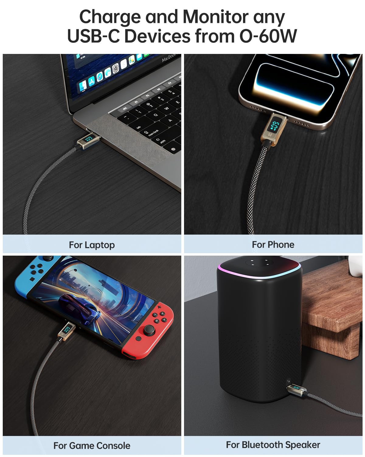 Hichain Cable USB C de carga rápida tipo C de 4 pies con pantalla LED, aleación de zinc plateado y nailon trenzado USB C a USB C para iPhone 17/16/15, MacBook, iPad Pro, Galaxy S24/S23