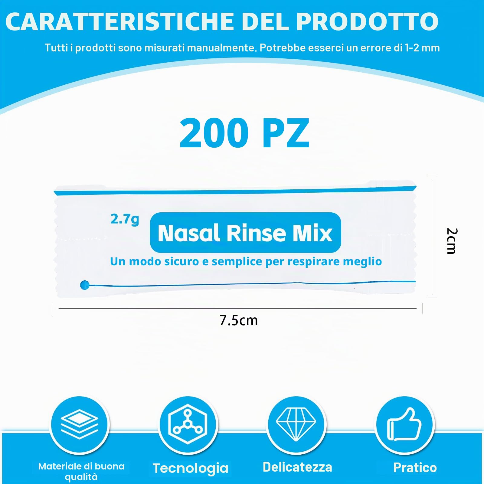 200 Bustine Sali Per Risciacquo Nasale, 2,7 G Bustine Per Doccia Nasale, Bustine Di Sale Per Risciacquo Sinusale Per Risciacquo Nasale Per Doccia Nasale, Kit Per Risciacquo Sinusale,Irrigazione Nasale