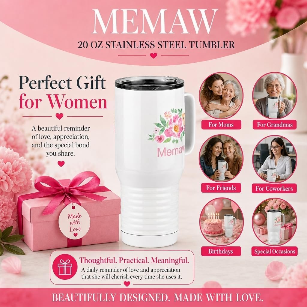 Just So Posh Memaw Flowers Tumbler, 20 oz Travel Coffee Mug with Handle & Straw Lid, Stainless Steel Insulated Coffee Tumbler, Gift for Grandmothers image 3