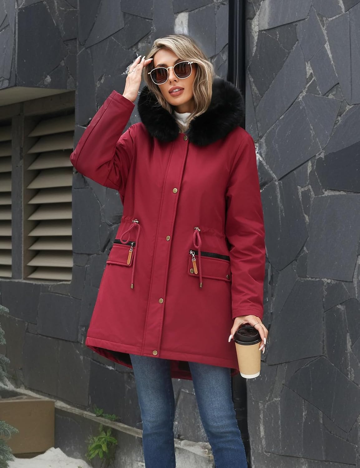 Women's Winter Warm Parka Jacket Fleece Lined Drawstring Thicken Coat Windproof Hooded Sherpa Outerwear - Image 2