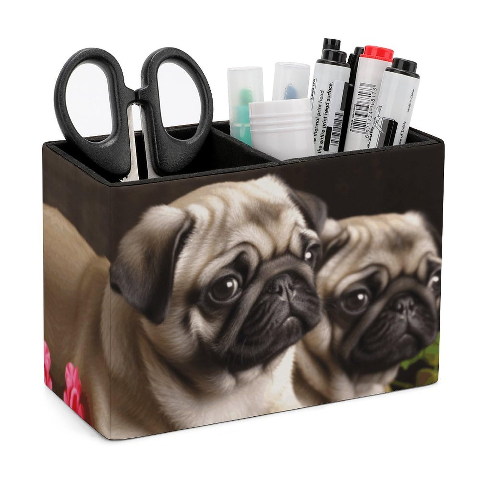 LZQPOEAS Exquisite Patterns PU Leather Pen Holder, Multifunctional Desktop Organizer Caddy with 2 Compartments, Puppys Pug Pencil Cup Makeup Brush Holder for Office Home