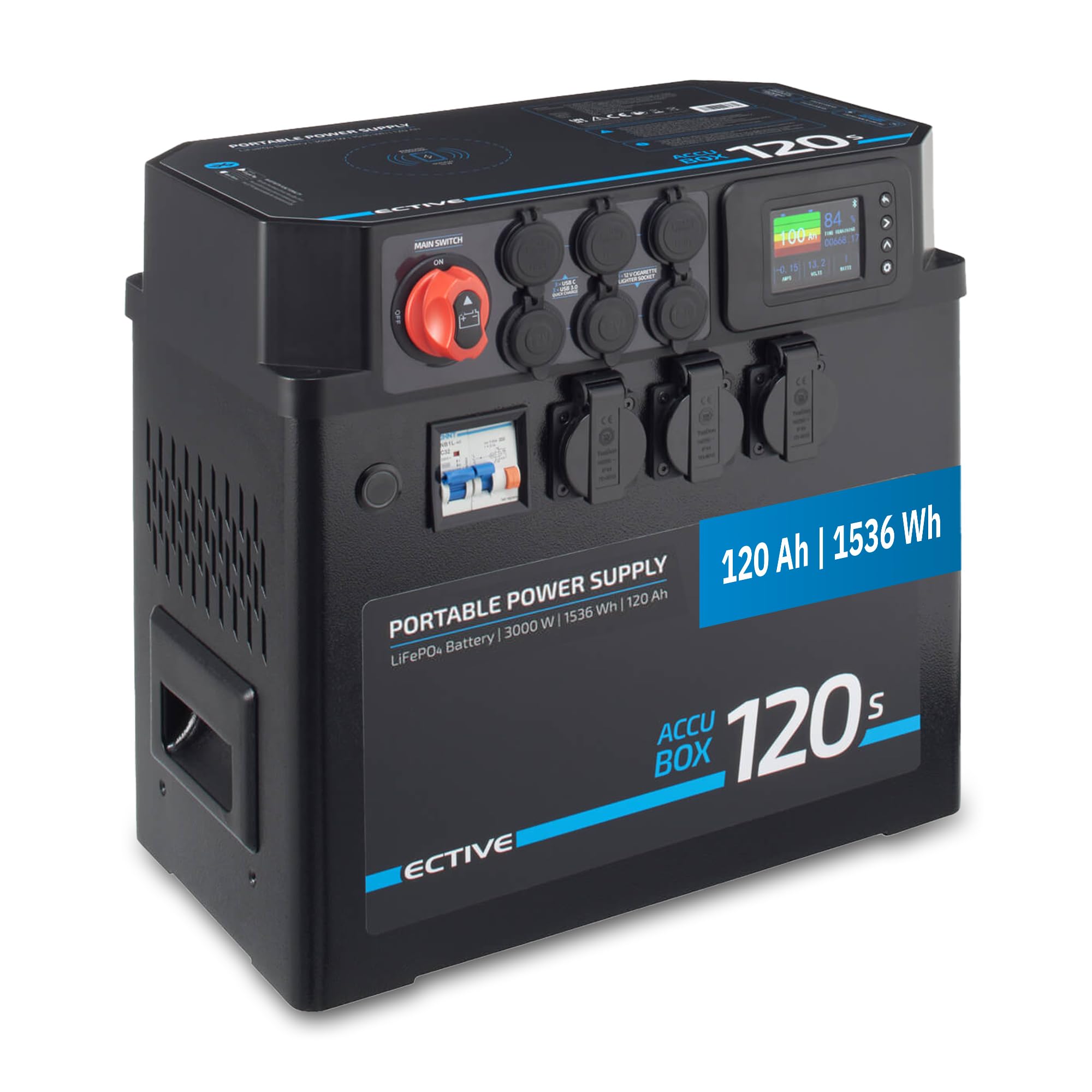 ECTIVE AccuBox 120S Powerstation – Tragbare Powerstation mit LiFePO4-Batterie, Solarladeregler & vielen Anschlüssen