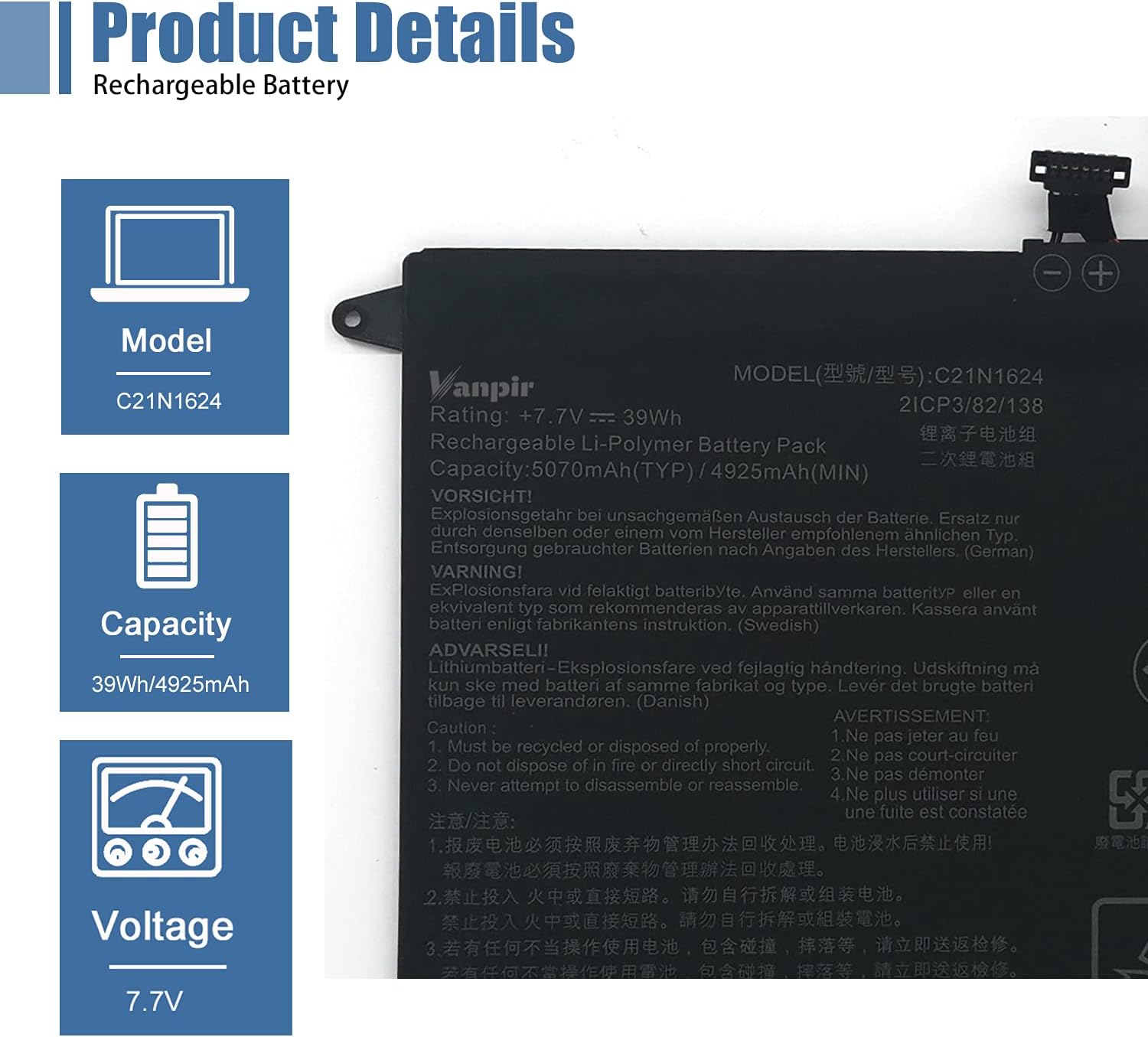C21N1624 Laptop Battery Replacement for Asus Q325U Q325UA Q325UAR ZenBook Flip S UX370UA 1A 1B C4061T C4072T C4093T Series Notebook 0B200-02420000 7.7V 39Wh 5070mAh