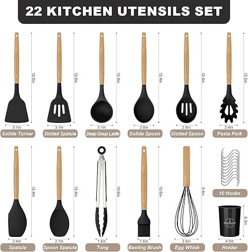 Miniatura 3 de Juego de utensilios de cocina de silicona, 22 piezas de utensilios de cocina de silicona con mango de madera, sin BPA, espátulas de revestimiento