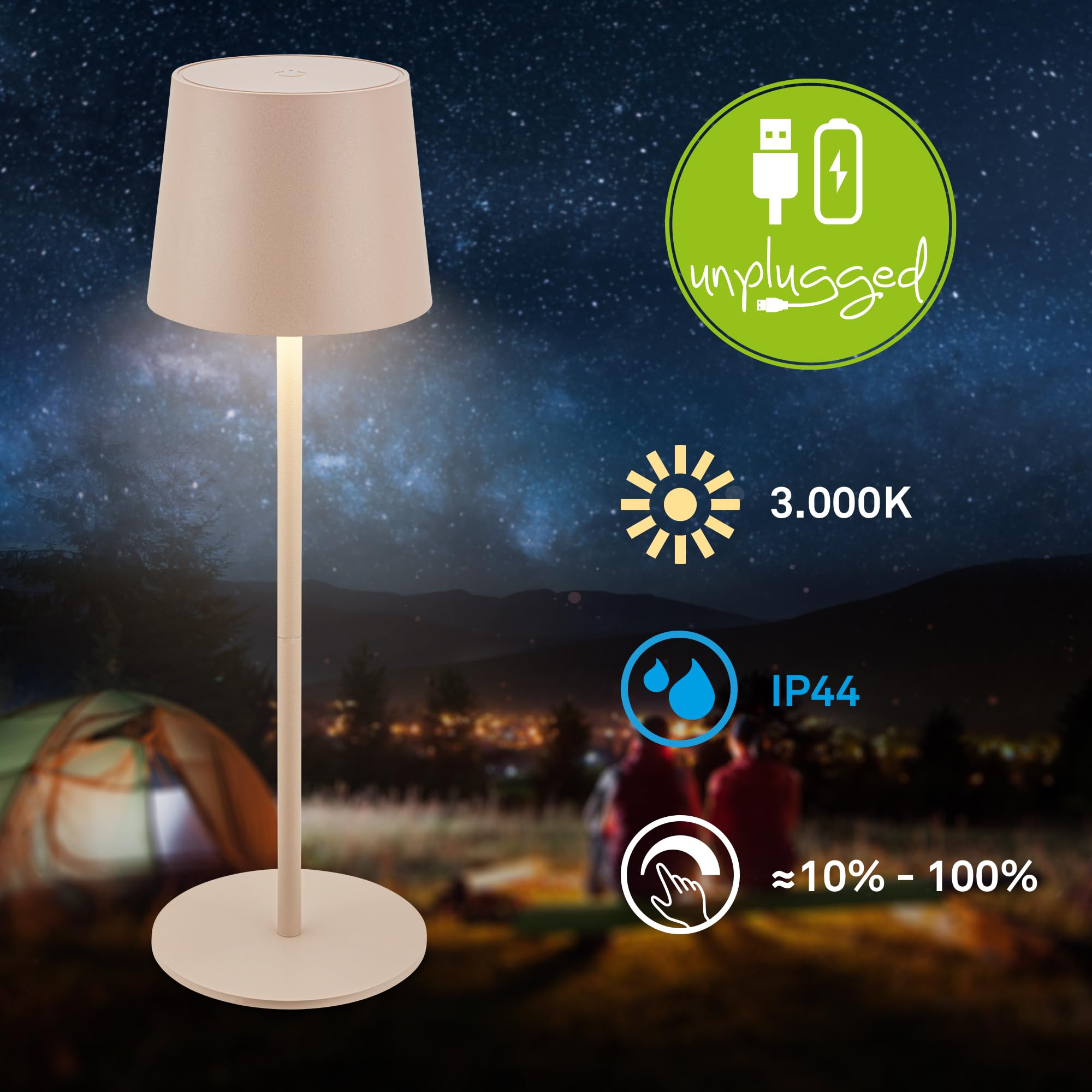 BRILONER - Lámpara mesa LED IP44 inalámbrica, táctil, regulable, batería y luz intercambiables, lectura, noche, camping, lámpara exterior, 11x33 cm, beige