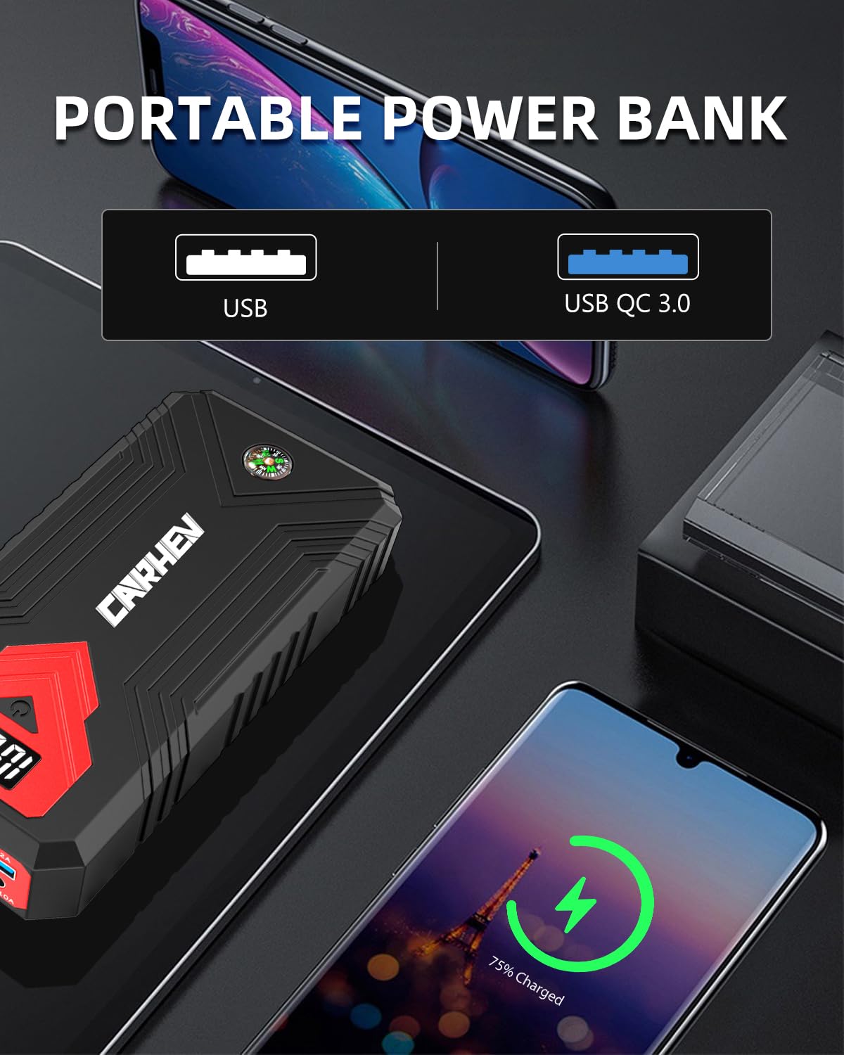 CARHEV Booster Batterie Voiture 4000A, Démarreur de Voiture (Jusqu’à 8.0L Essence & 8.0L Diesel), 12V Car Jump Starter avec Pinces de Sûreté Intelligentes, Lumière LED à 3 Modes