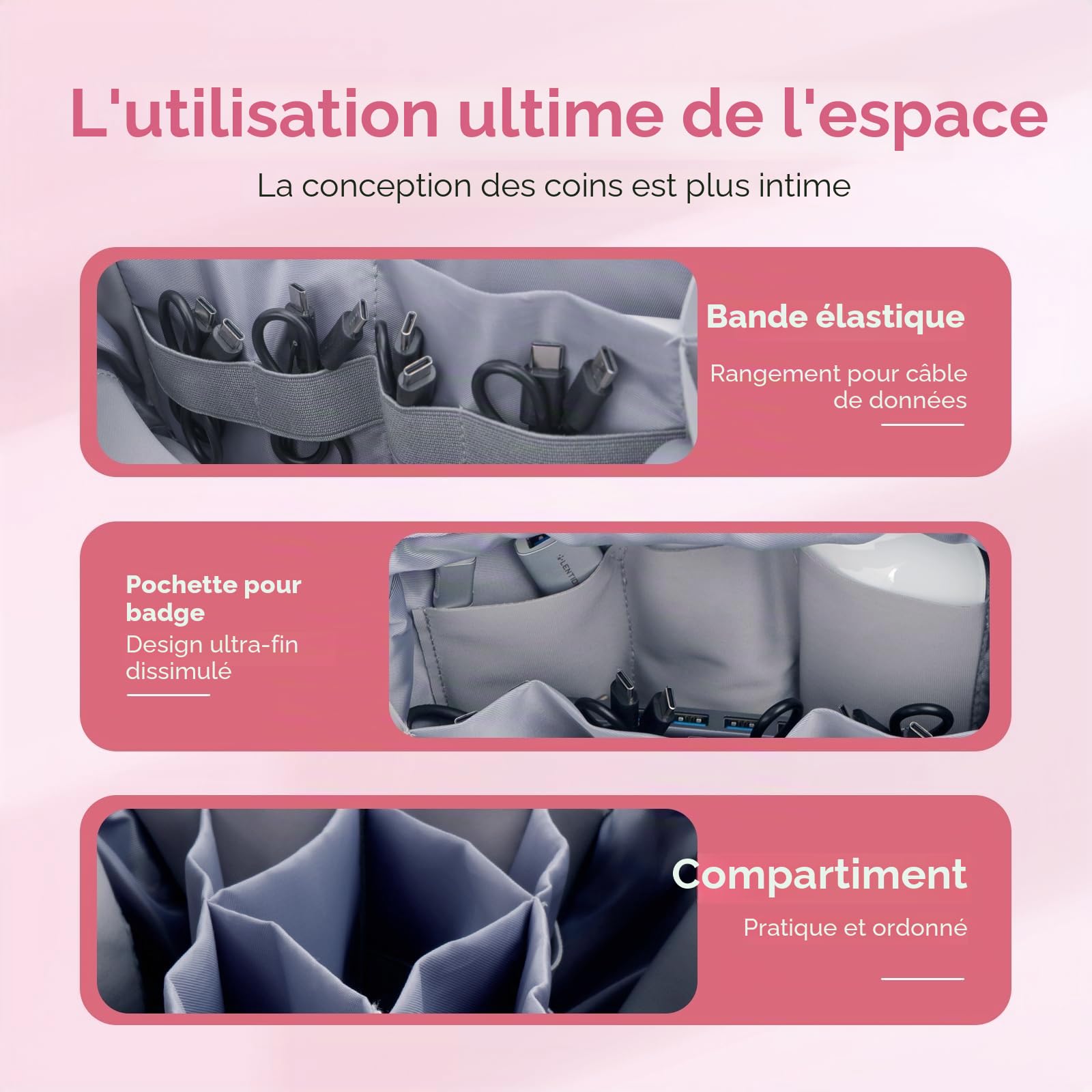 LENTION Sac de Rangement Câble, Pochette Câble de Voyage, Organisateur Électronique, Tech Pouch pour Accessoires Techniques USB Câbles, Chargeur, Batterie Externe, Carte SD, Objets Quotidiens (Rose)