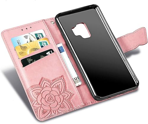 Miniatura 4 de HAOTP Funda para teléfono Samsung Galaxy S9 Plus, funda con tapa para mujer, tarjeteros de crédito en relieve con diseño de mariposa y flor de piel