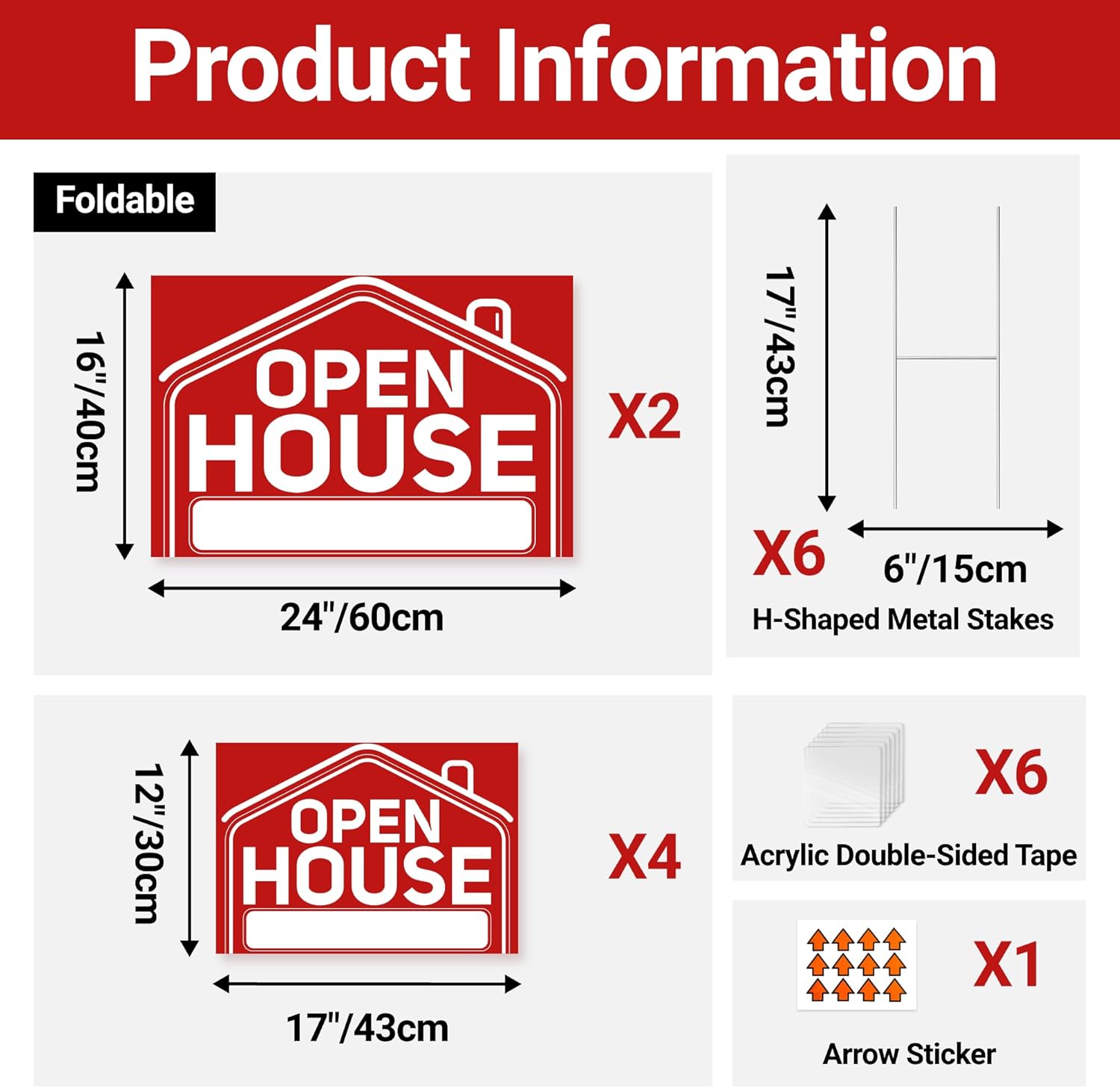 6 Pcs Open House Signs for Real Estate, 2 Pcs 24" x 16" and 4 Pcs 17" x 12" Open House Signs with Sturdy Metal Stakes and Arrow Stickers, Double-Sided Waterproof Yard Signs for Open House Supplies