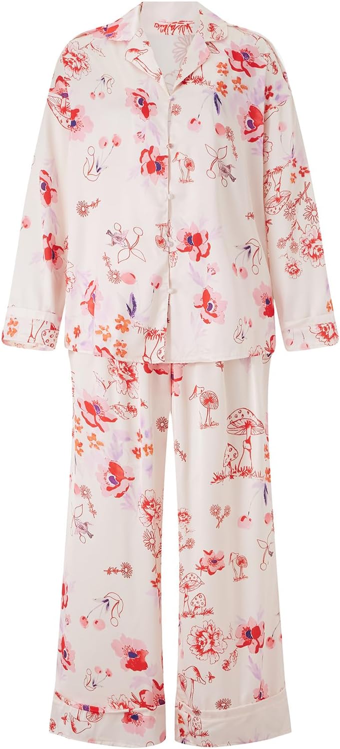 BHMAWSRT Womens 2 Piece Outfit Satin Pajamas Floral LongSleeve Button Shirt with Pants Pjs Sleepwear - Image 4