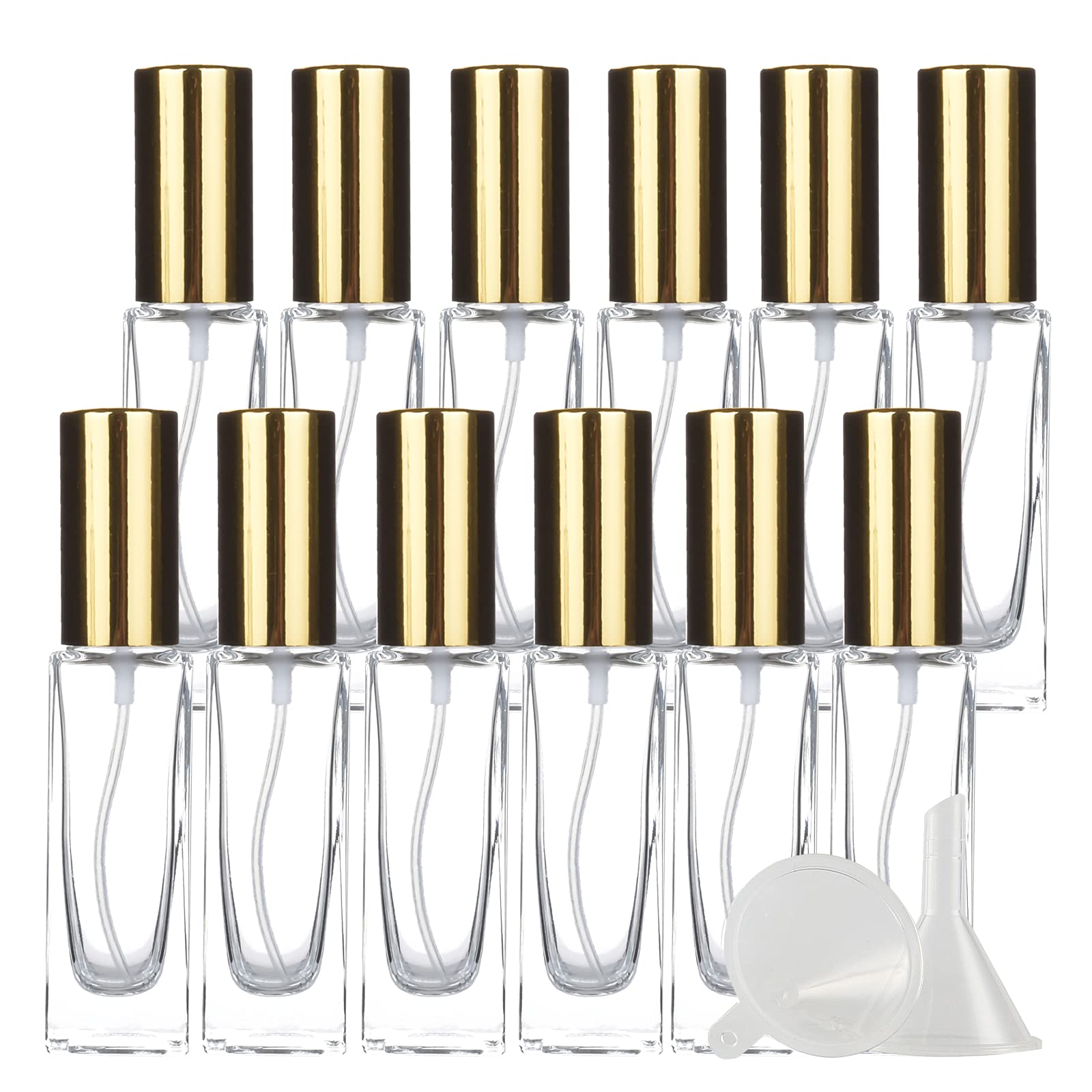 12 Pieza Transparent Portatil de Perfume Botella de Spray Viaje Pulverizador con Tapas de Plata, 30ml Vidrio Cuadrado Atomizador de Perfume Recargable + 4 x Embudo