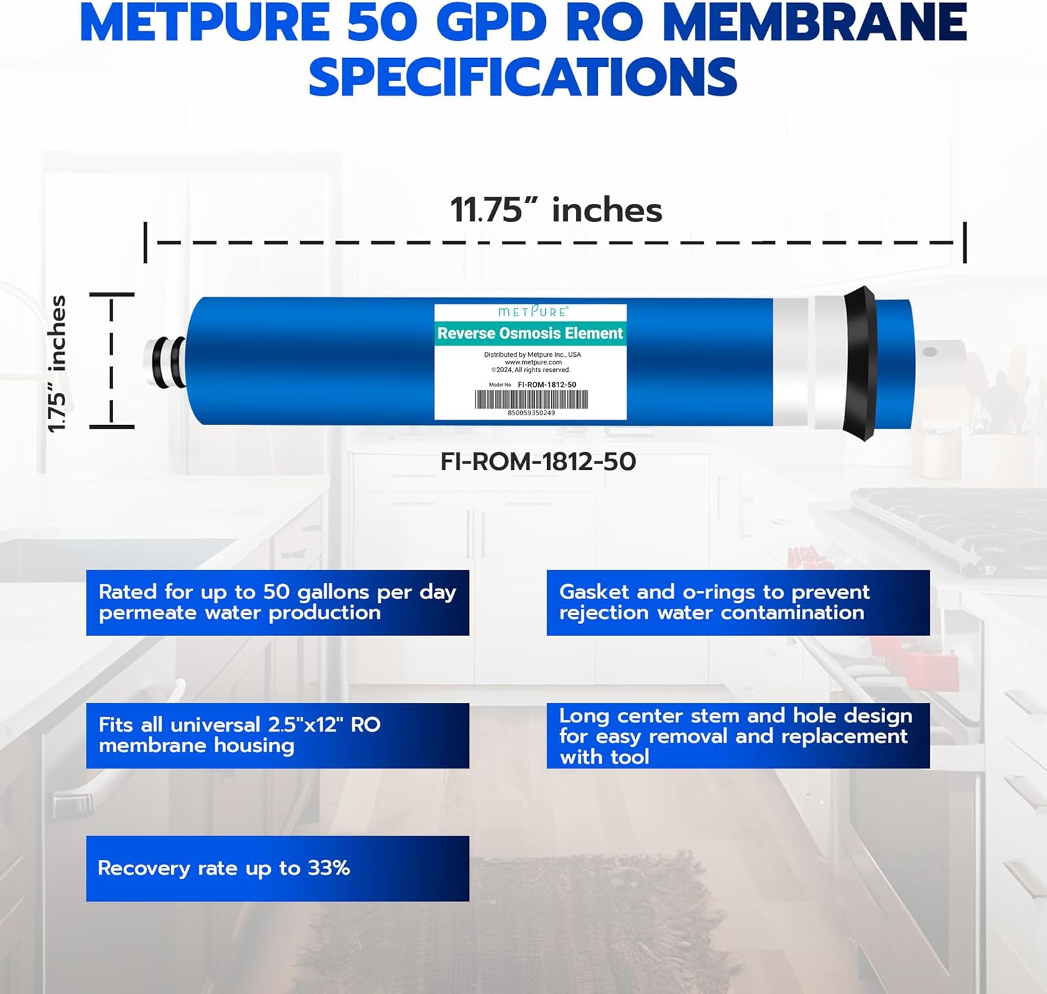 Metpure Reverse Osmosis Membrane Filter 50 GPD 11.75" x 1.75" Replacement Fits Under Sink RO Drinking Water Purifier System in RO Membrane Water Filter - Image 3