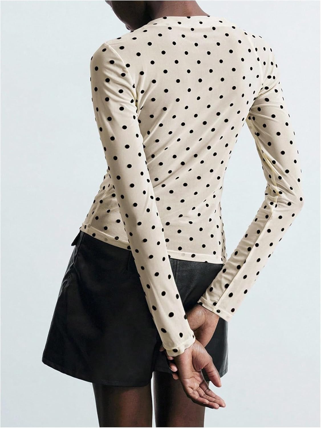 Milumia Women's Polka Dots Ruched Mesh Top Y2k Boat Neck Long Sleeve Going Out Tee Tops - Image 3