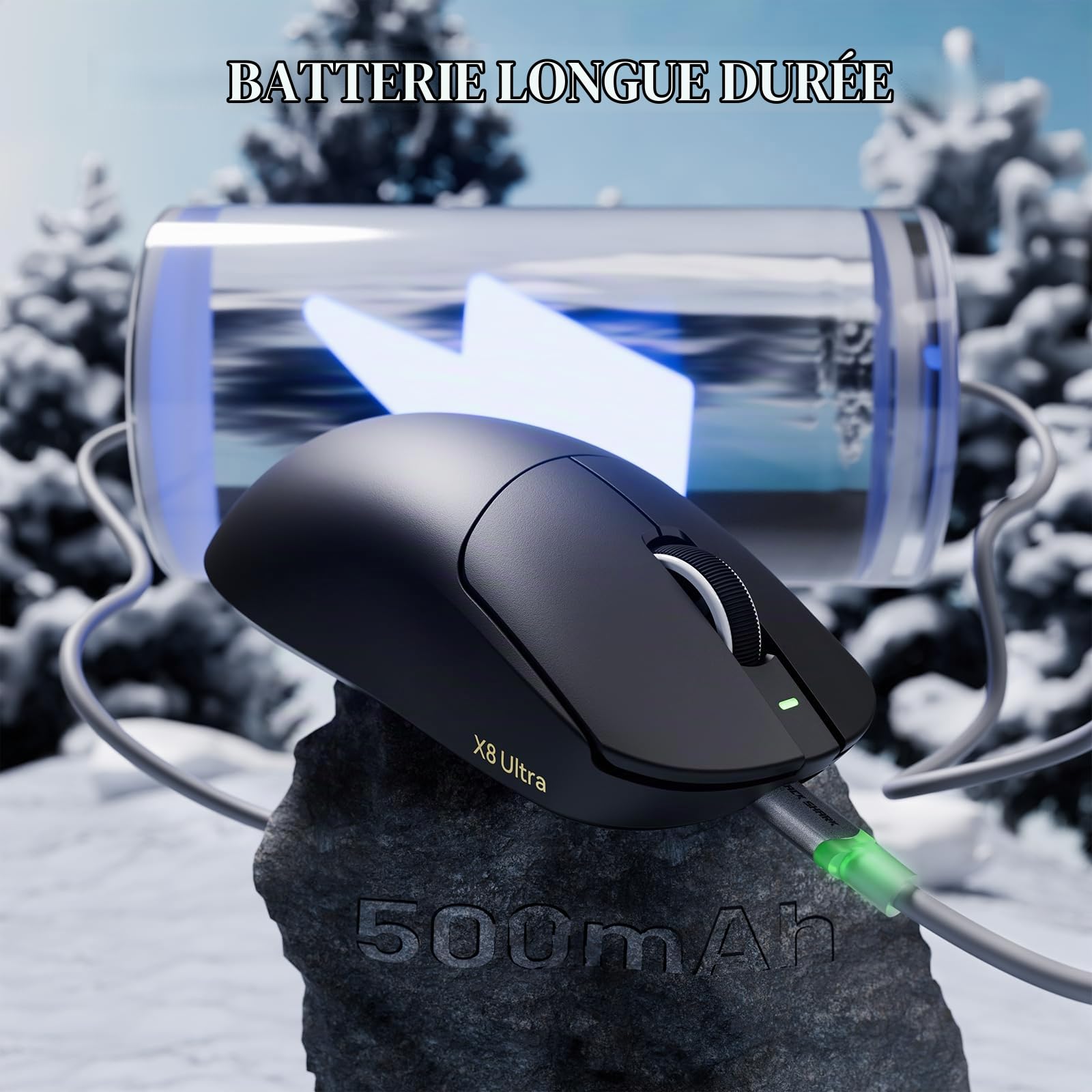 ATTACK SHARK X8 Ultra 8KHz Souris Gaming Sans Fil, 55g Ultraléger, Nordic52840, PAW3950MAX, 42KDPI, BT/2.4Ghz/Filaires, Revêtement Nano Frais, Grosses Mains, 500mAh, SW & Web Driver,Pour PC/Mac (Noir)