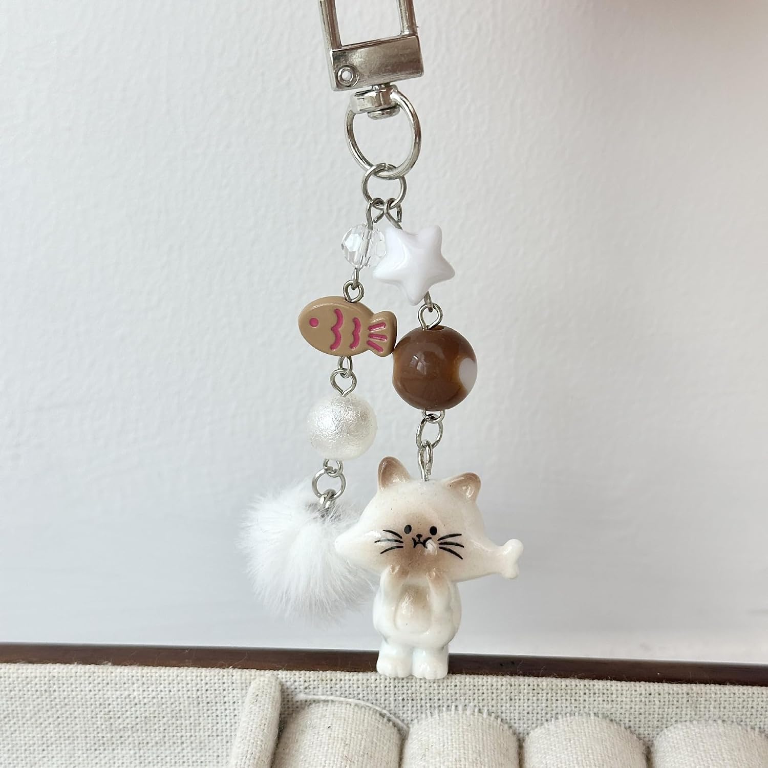 Cute Lovely Cat Taiyaki Fish Fluffy Ball Bunch Keychain Lucky Good Luck Siamese Kitty Key Chain Ring Bag Pendant